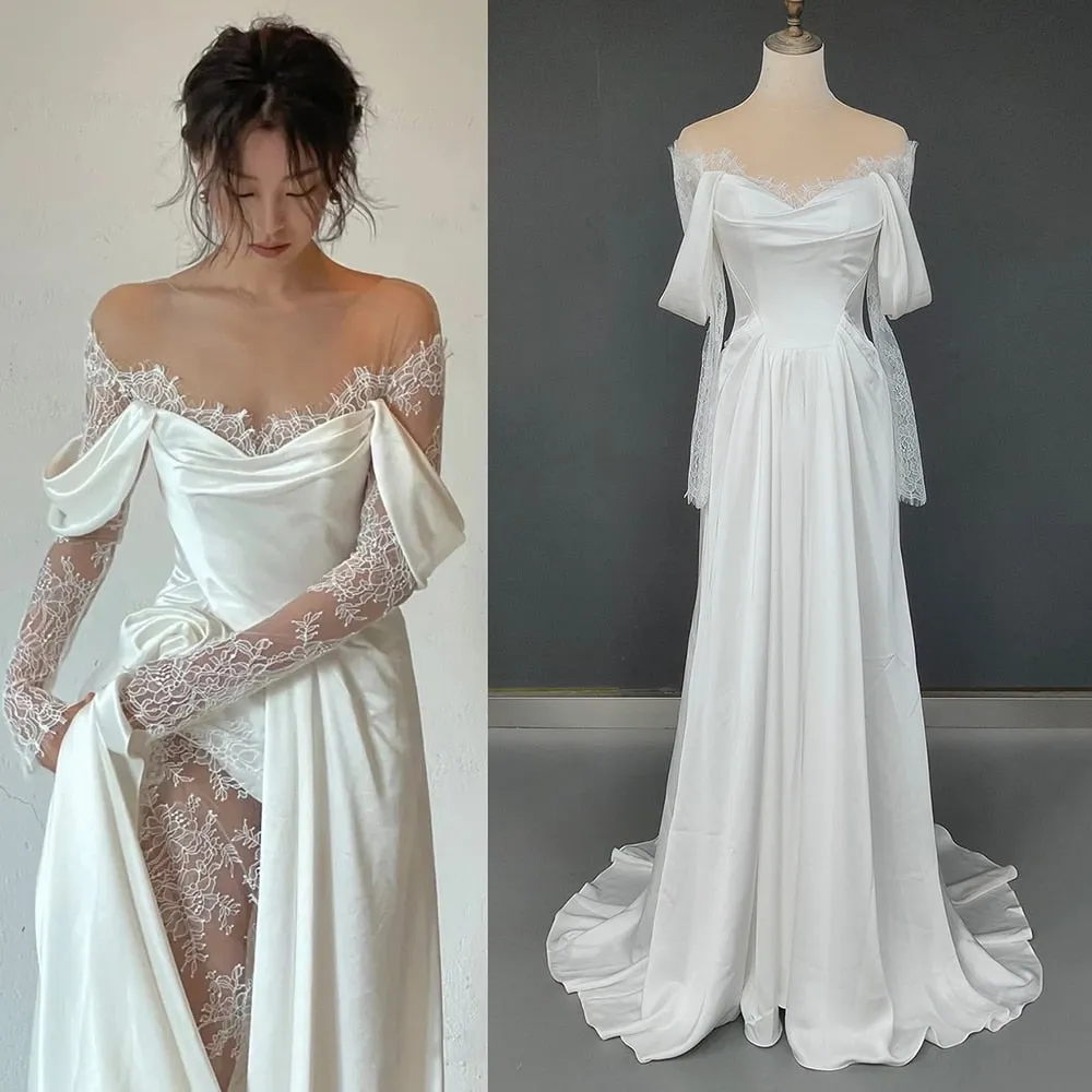 Off Shoulder Lace Wedding Gowns Big Size A Line Long Sleeves
