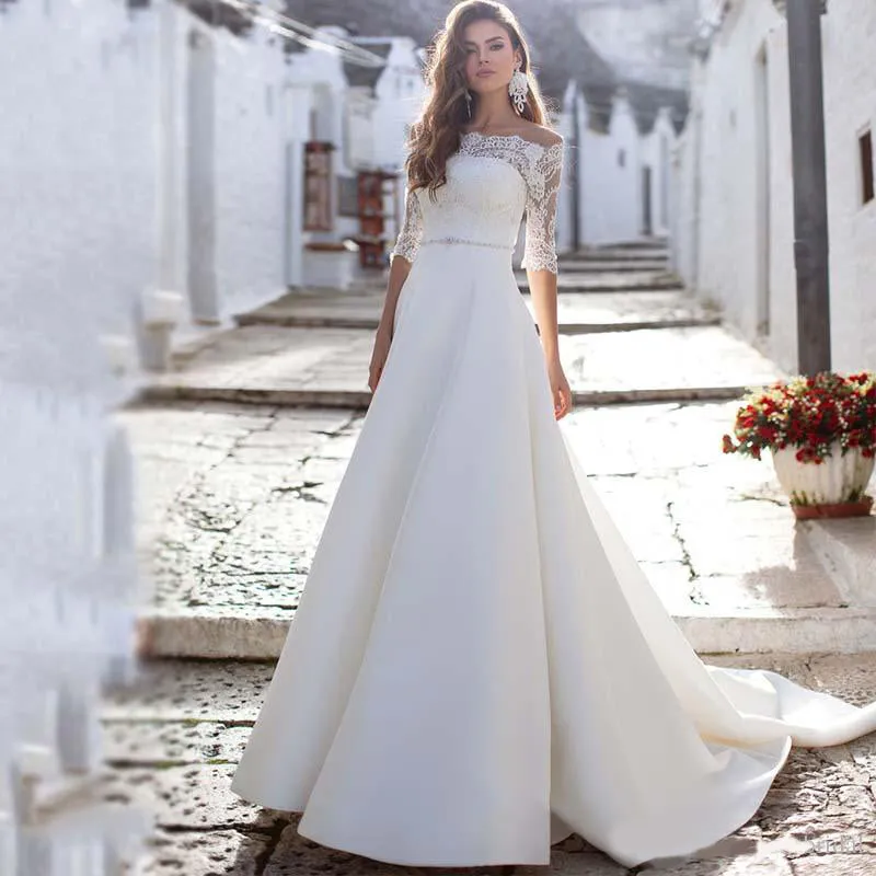 Off Shoulder Romantic Lace Wedding Dresses with Half Sleeves