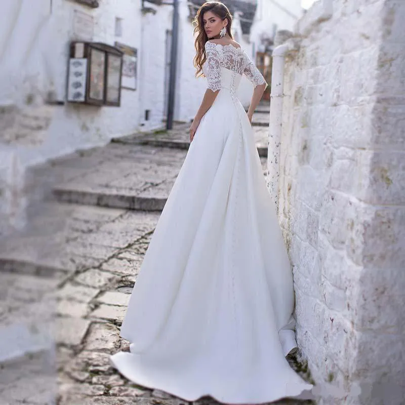 Off Shoulder Romantic Lace Wedding Dresses with Half Sleeves