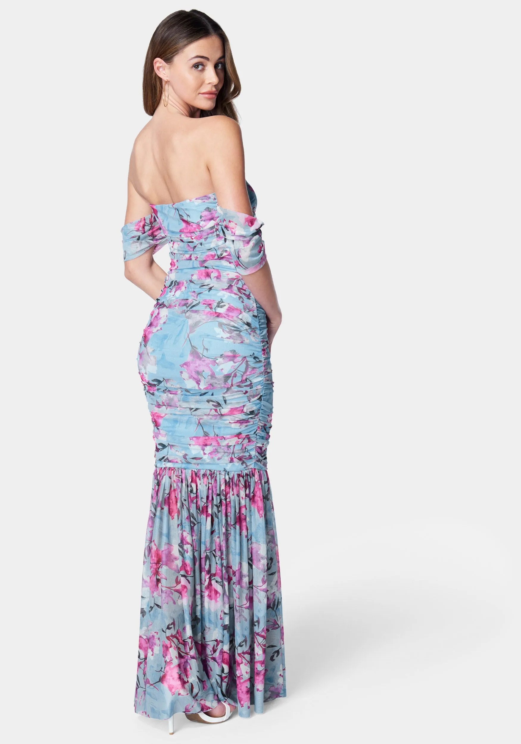 Off Shoulder Ruched Mesh Gown