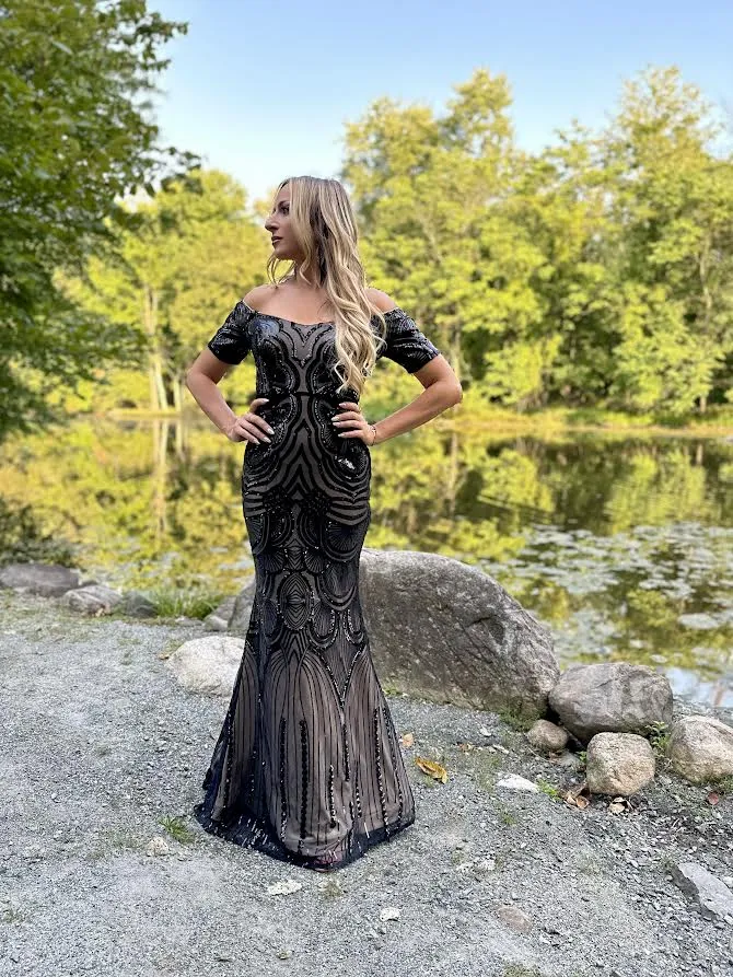 Off the Shoulder Beaded Fit and Flare Gown
