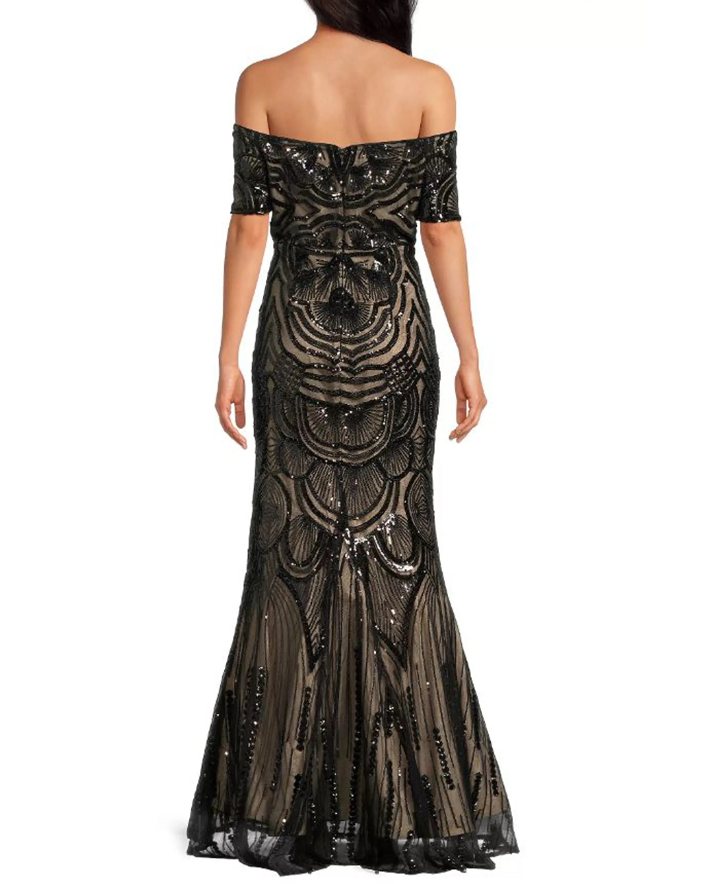 Off the Shoulder Beaded Fit and Flare Gown