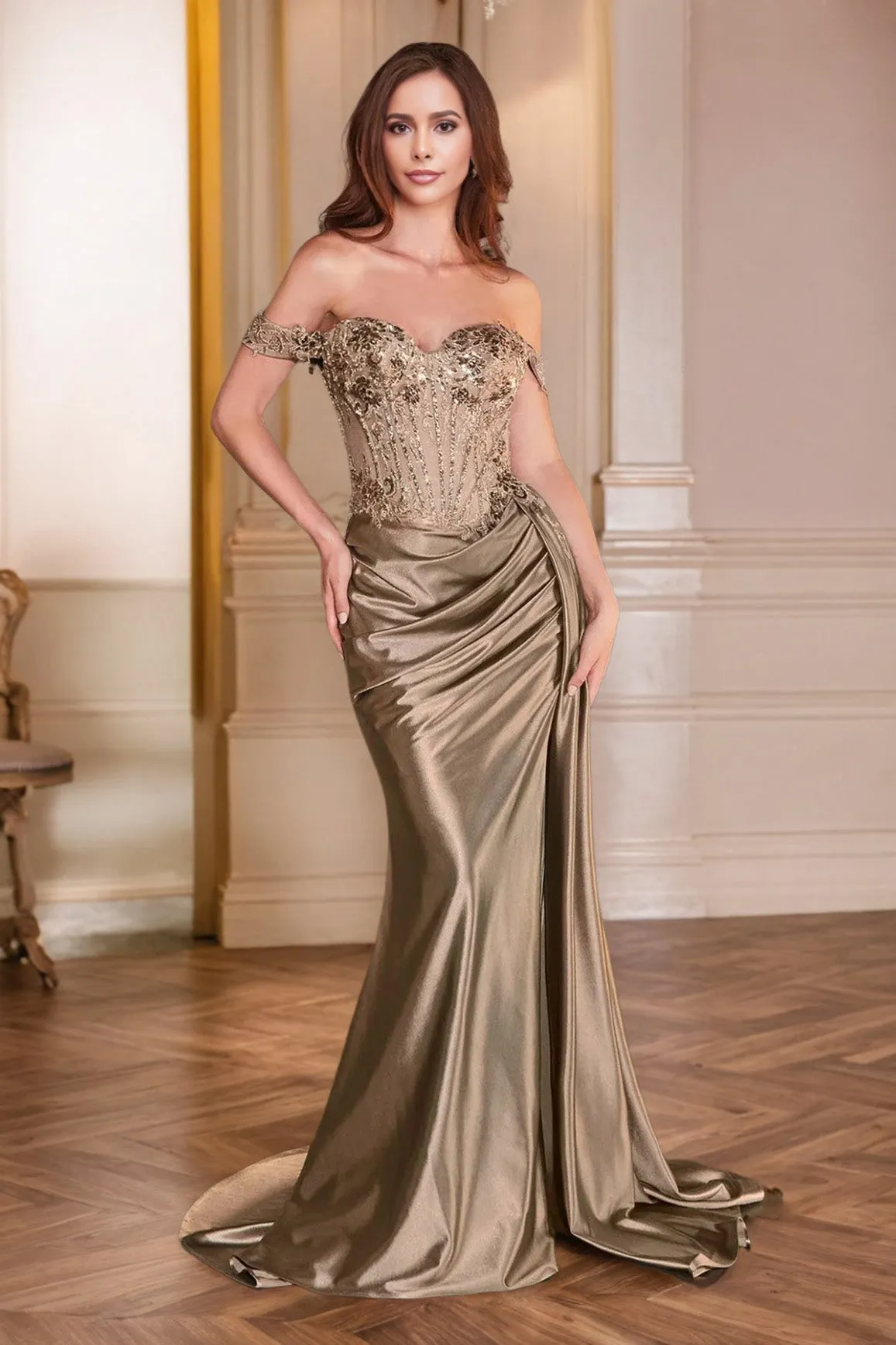 Off The Shoulder Pleats Sweetheart Long Prom Dress with Slit