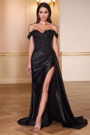 Off The Shoulder Pleats Sweetheart Long Prom Dress with Slit