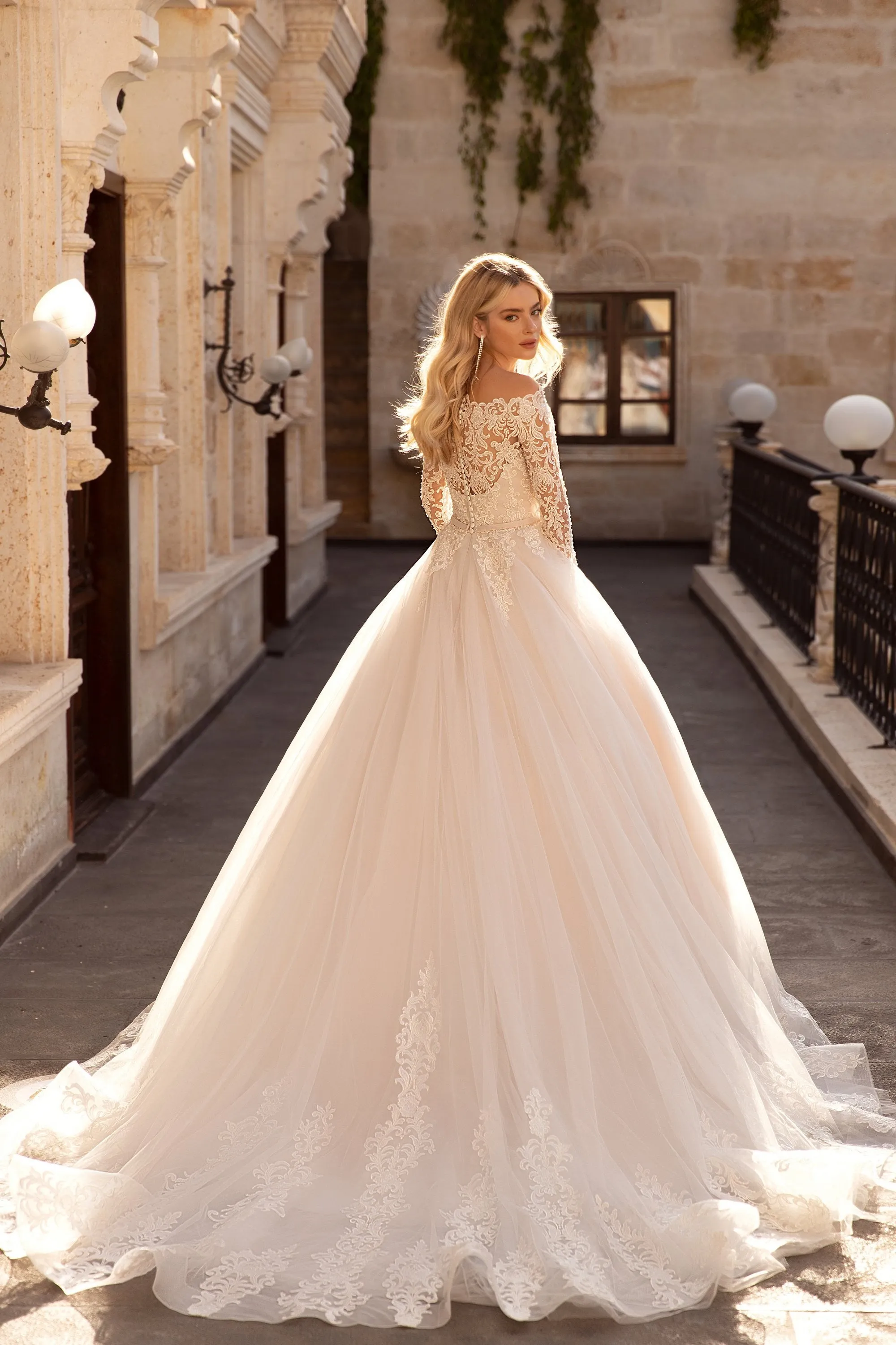 Off-the-shoulder Sash Illusion Long Sleeve And Button Back Ballgown Lace Tulle Wedding Dress-715889