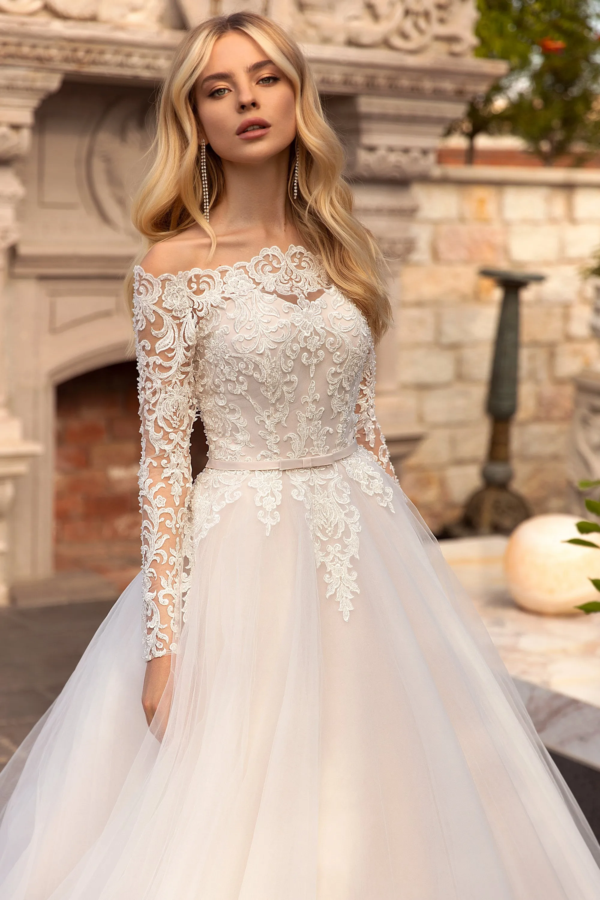 Off-the-shoulder Sash Illusion Long Sleeve And Button Back Ballgown Lace Tulle Wedding Dress-715889