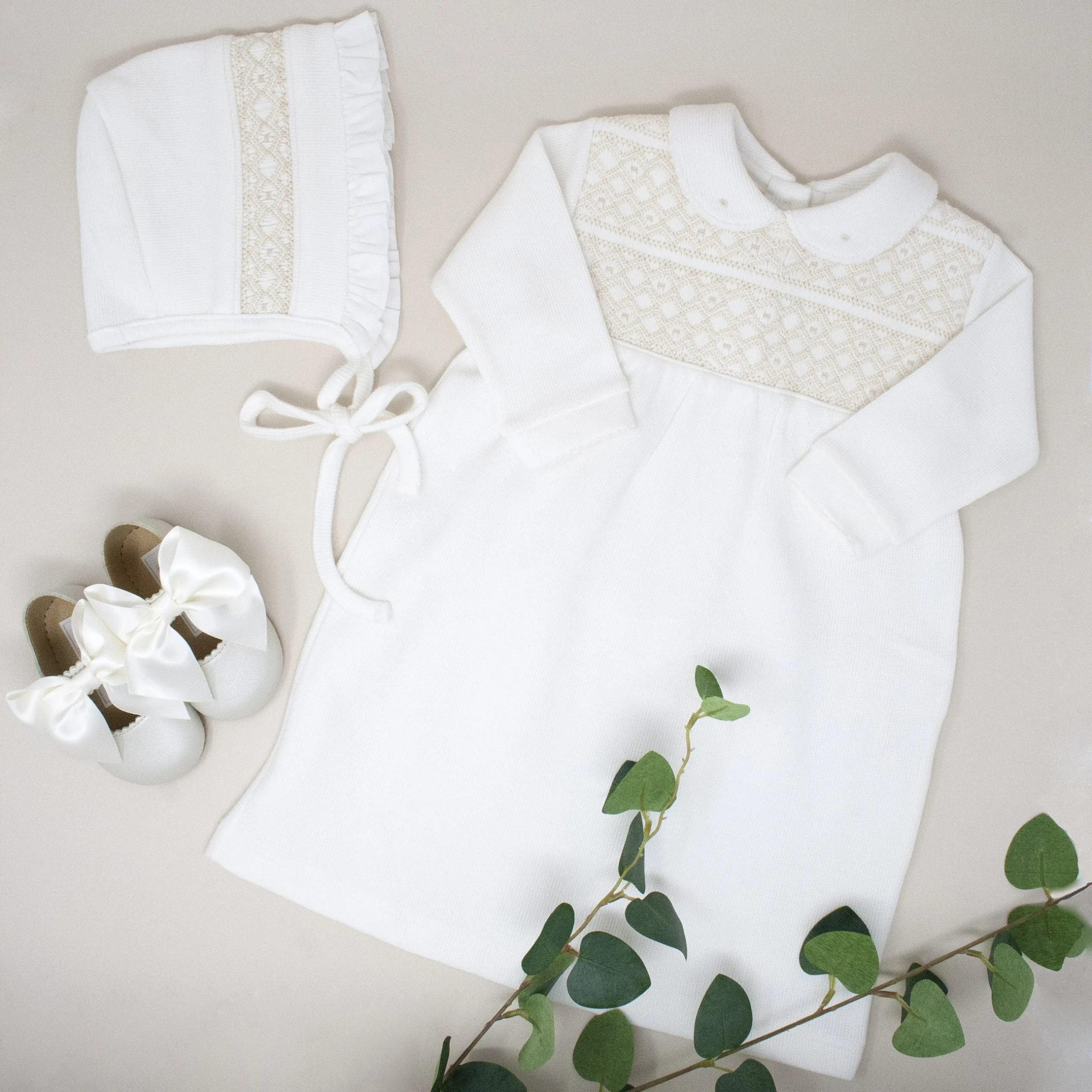 Off White Handsmocked Christening Set