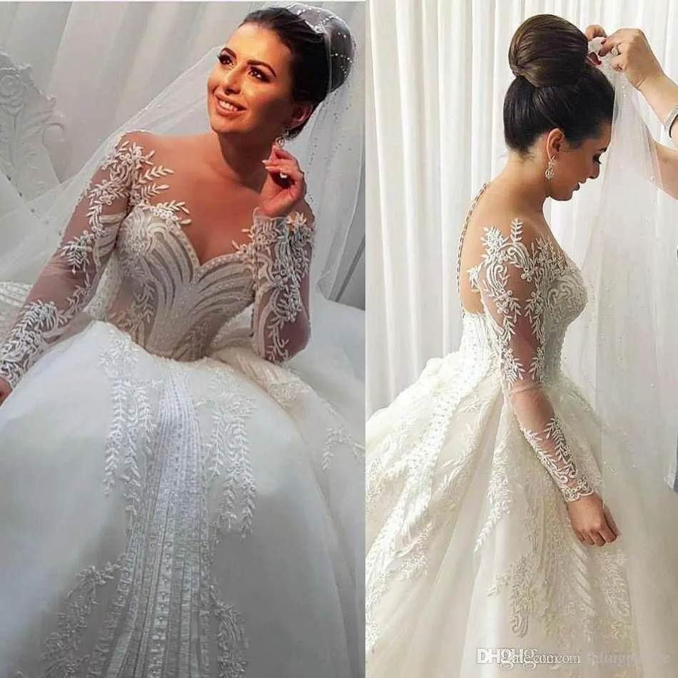 off white wedding dresses for bride 2020 lace applique long sleeve elegant vintage princess wedding ball gown 2021