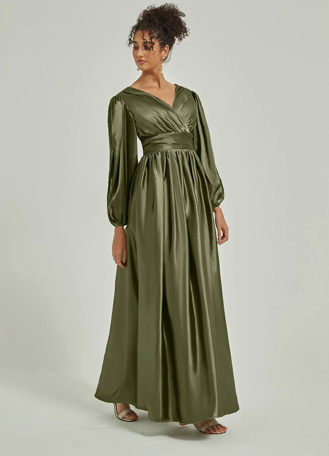 Olive Satin 3/4 Long Slit Sleeve V-Neck Slit Pleated Bridesmaid Dress