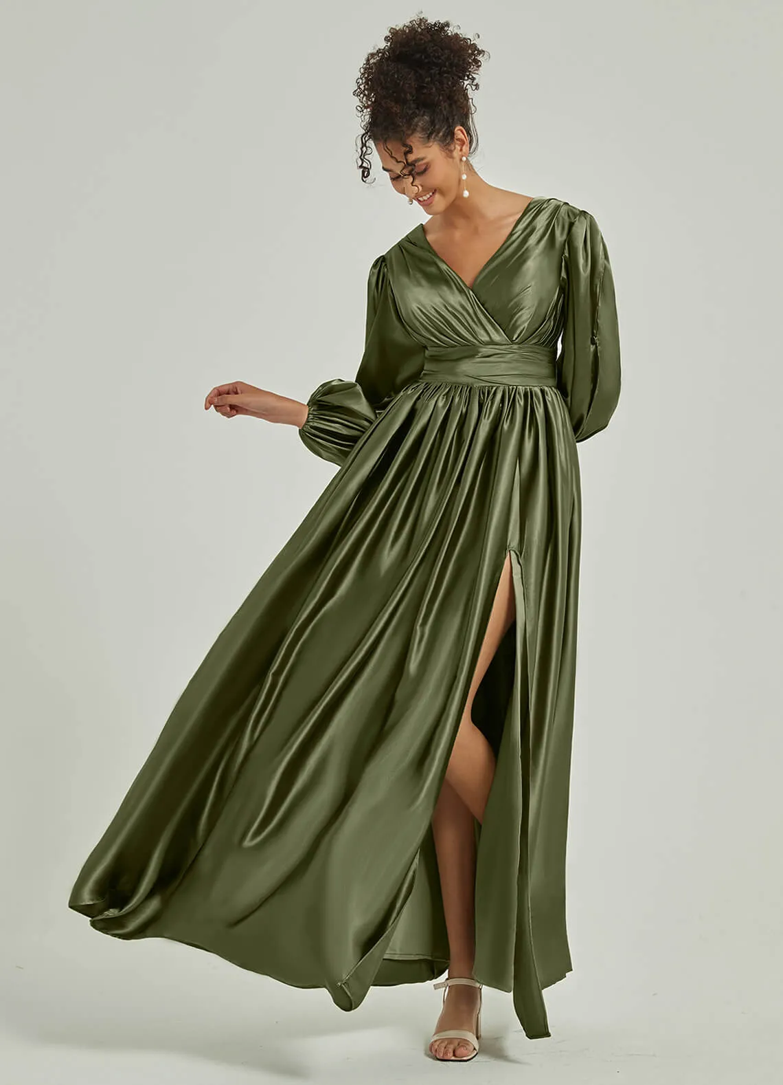 Olive Satin 3/4 Long Slit Sleeve V-Neck Slit Pleated Bridesmaid Dress