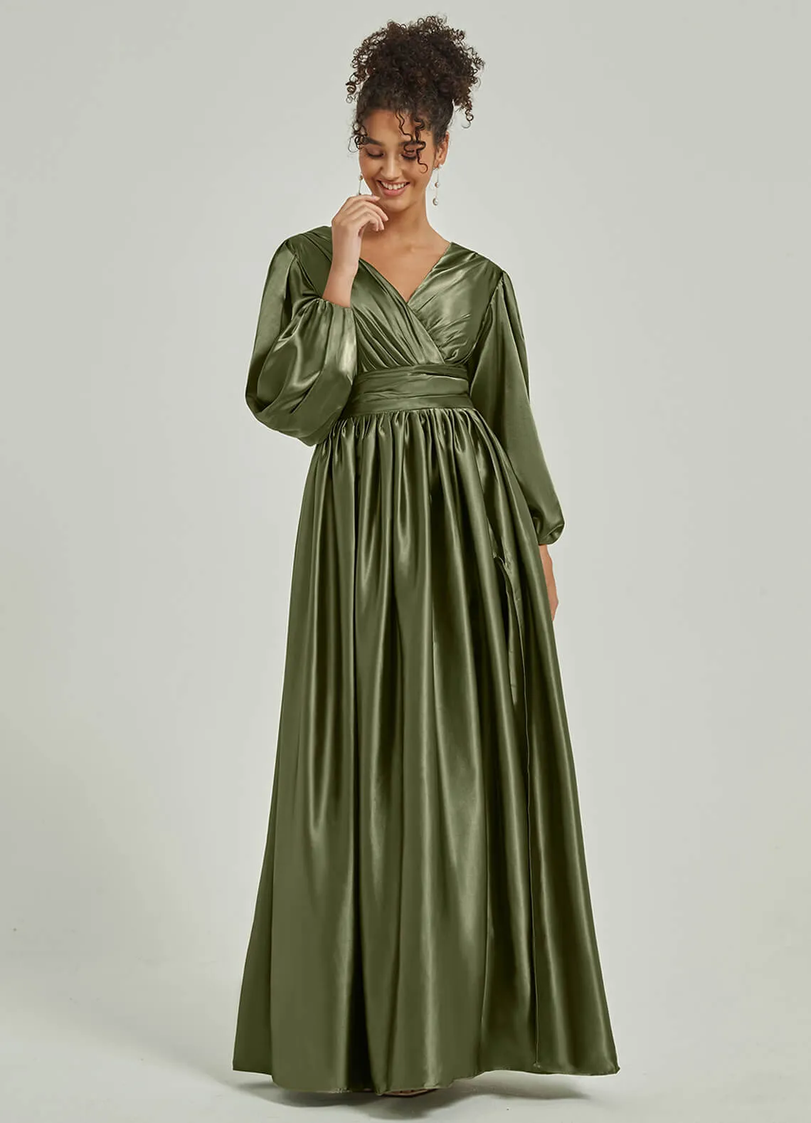 Olive Satin 3/4 Long Slit Sleeve V-Neck Slit Pleated Bridesmaid Dress
