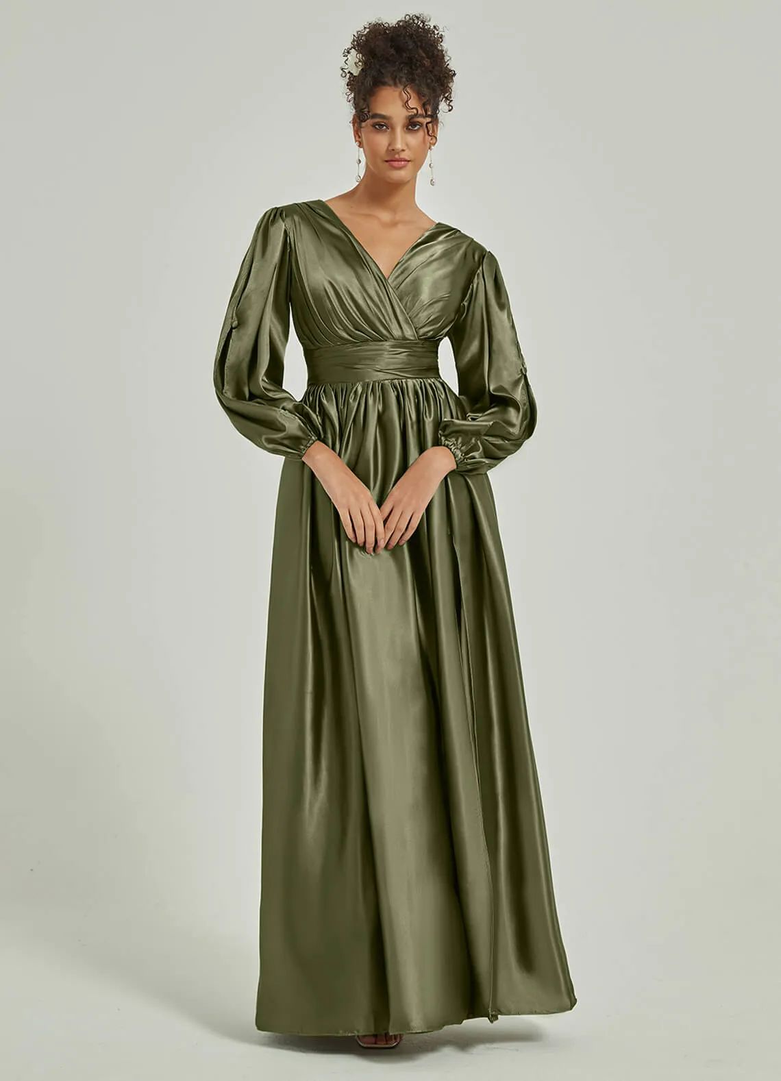 Olive Satin 3/4 Long Slit Sleeve V-Neck Slit Pleated Bridesmaid Dress