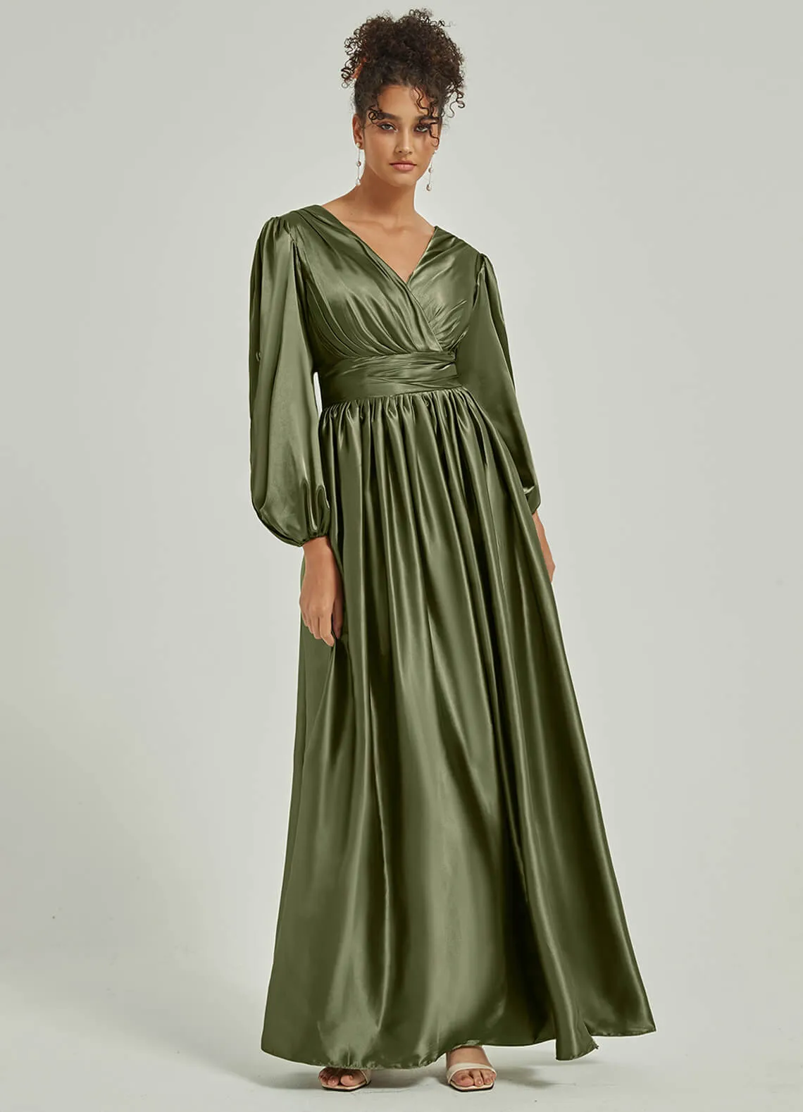 Olive Satin 3/4 Long Slit Sleeve V-Neck Slit Pleated Bridesmaid Dress