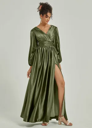 Olive Satin 3/4 Long Slit Sleeve V-Neck Slit Pleated Bridesmaid Dress