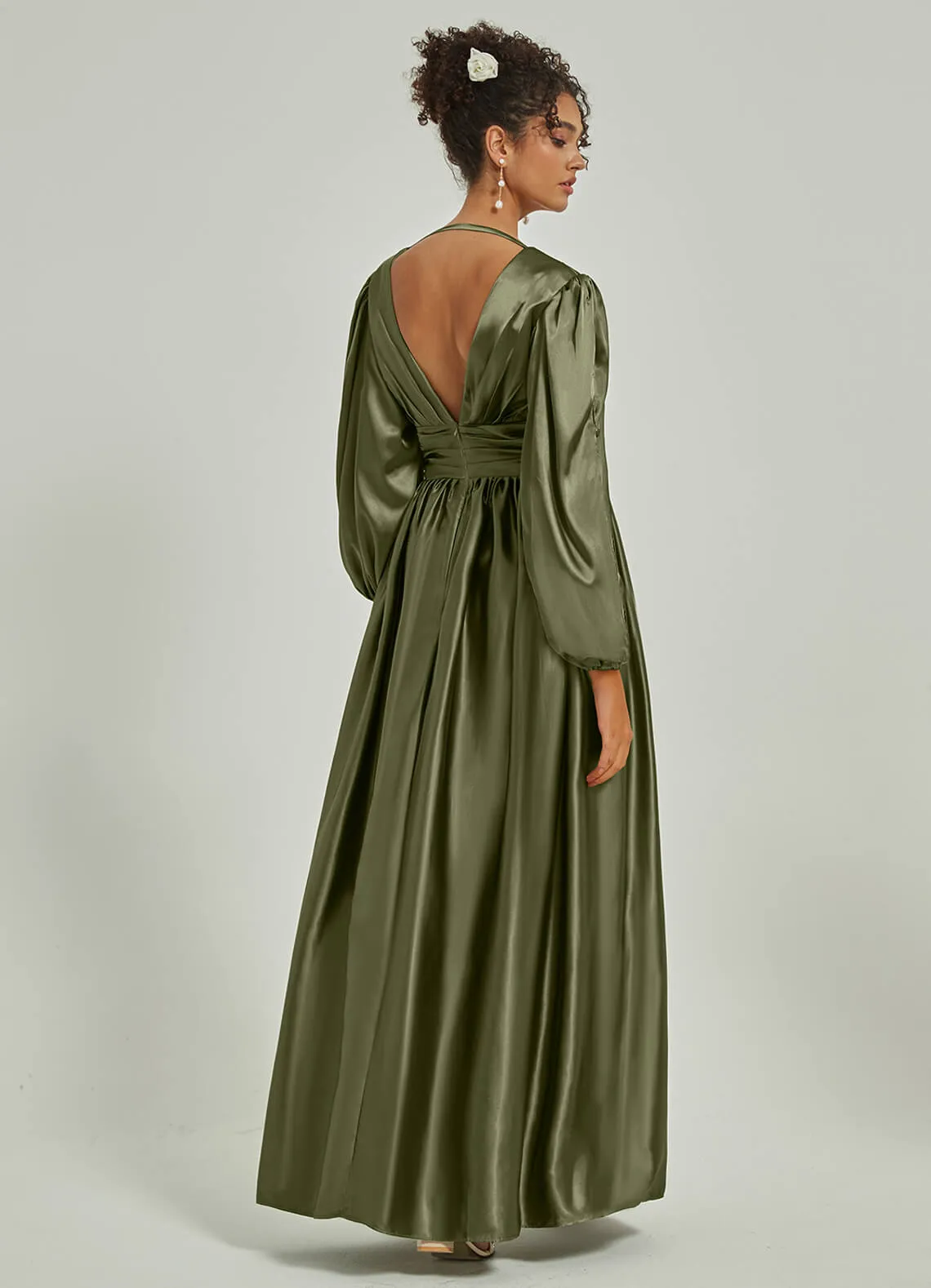 Olive Satin 3/4 Long Slit Sleeve V-Neck Slit Pleated Bridesmaid Dress