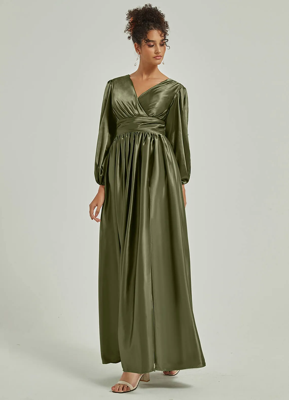 Olive Satin 3/4 Long Slit Sleeve V-Neck Slit Pleated Bridesmaid Dress