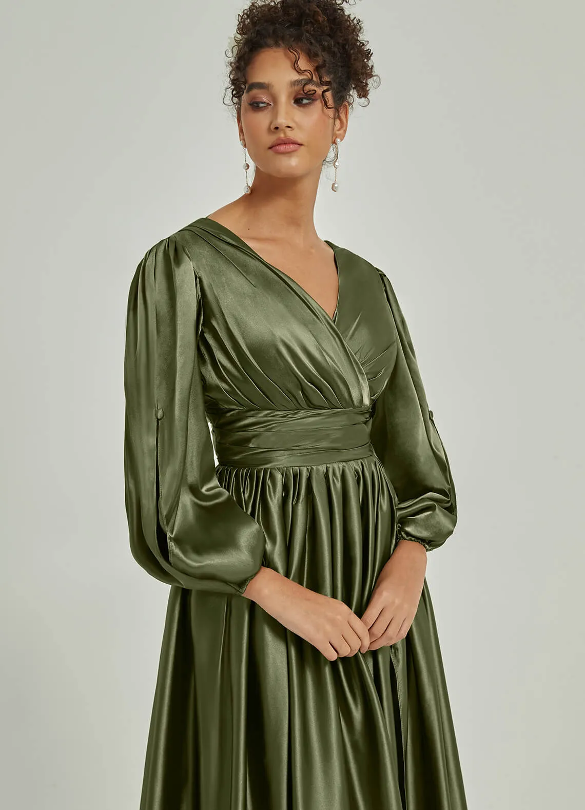 Olive Satin 3/4 Long Slit Sleeve V-Neck Slit Pleated Bridesmaid Dress