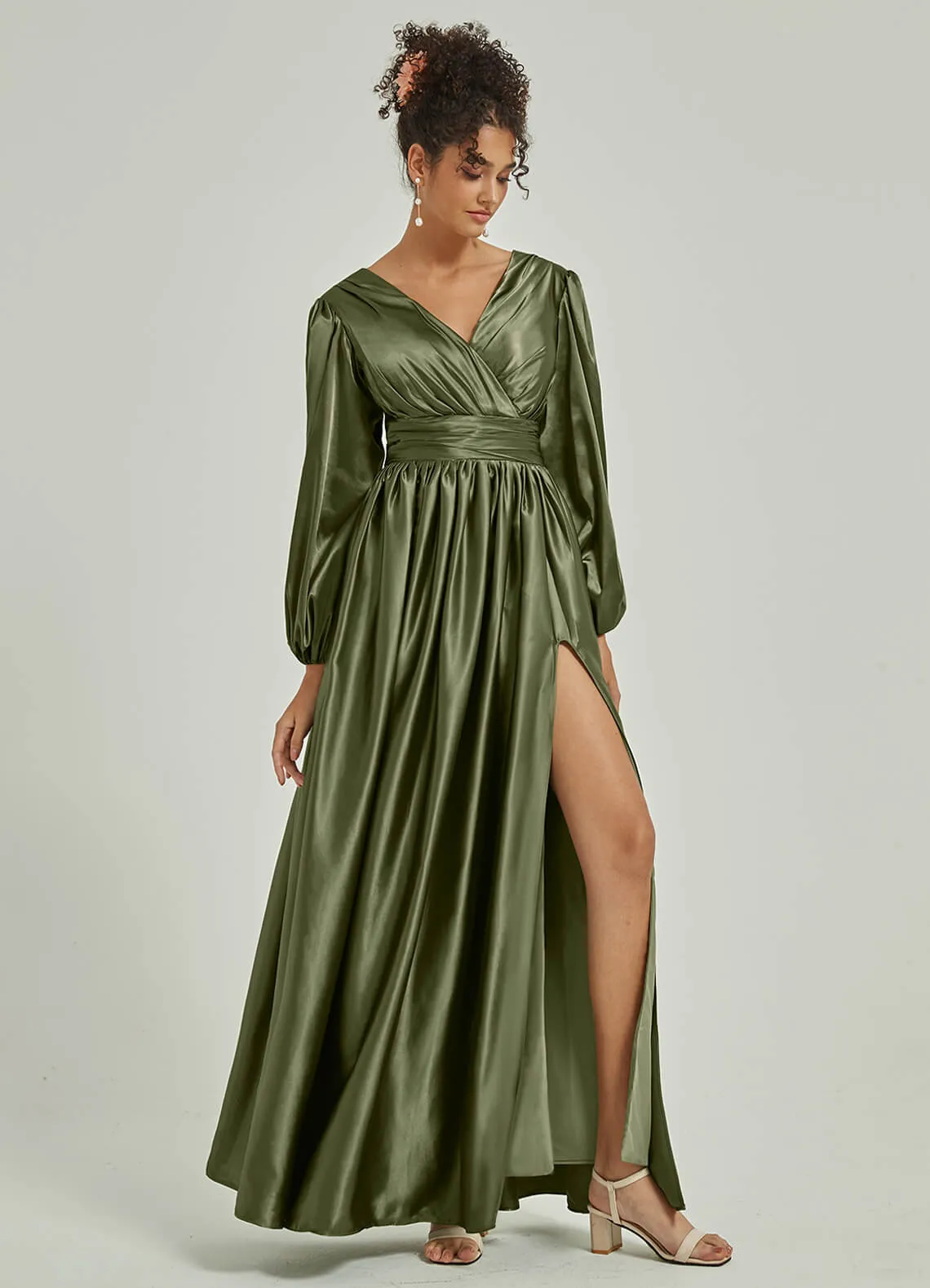 Olive Satin 3/4 Long Slit Sleeve V-Neck Slit Pleated Bridesmaid Dress