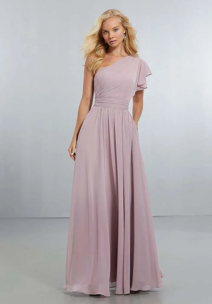 One Shoulder Bridesmaid Dresses Chiffon Ruffles Long Wedding Party Gowns