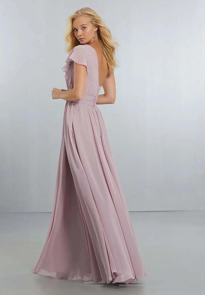 One Shoulder Bridesmaid Dresses Chiffon Ruffles Long Wedding Party Gowns