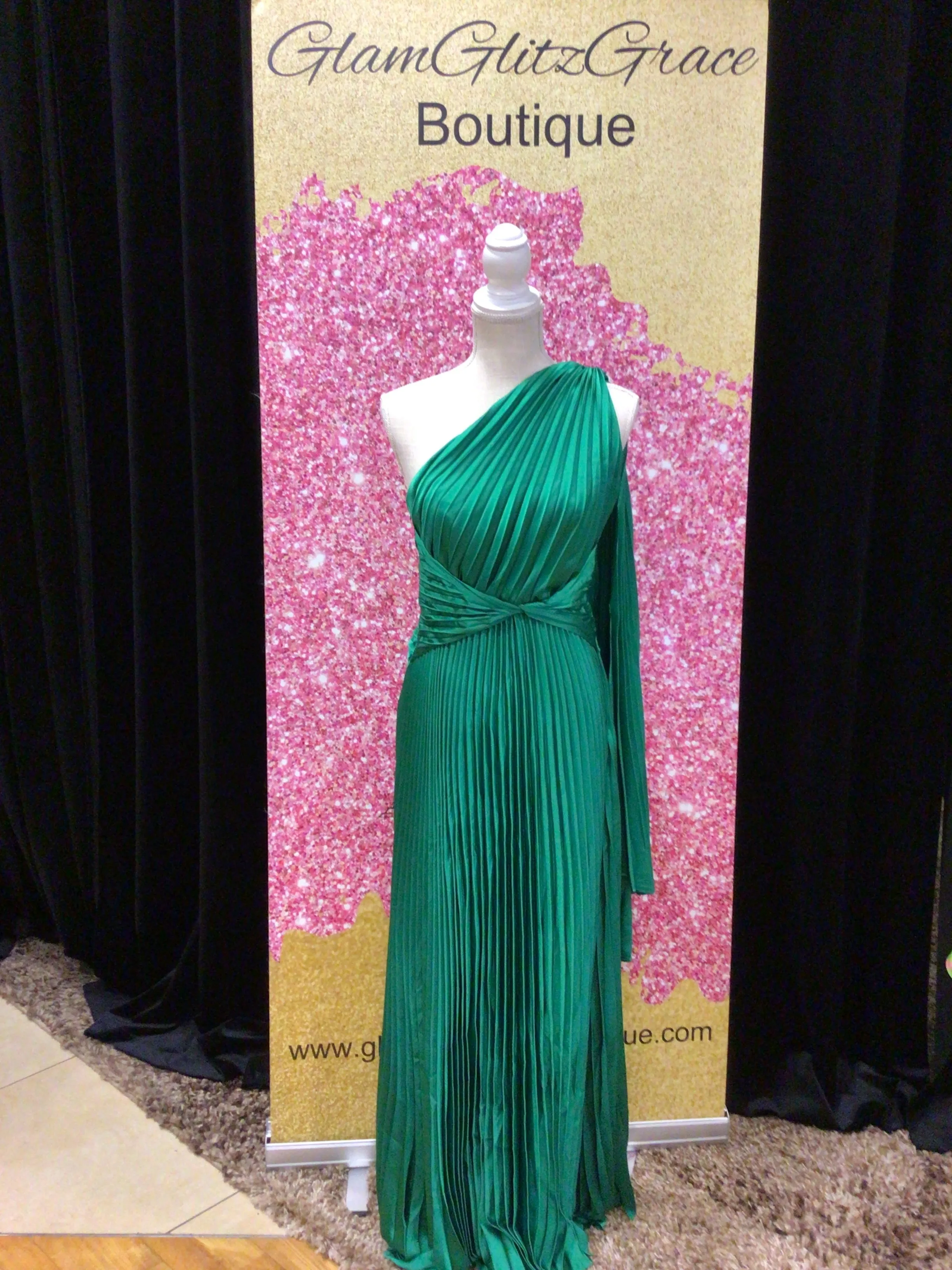 One Shoulder Pleated Dramatic Sleeve Twist Front Dress