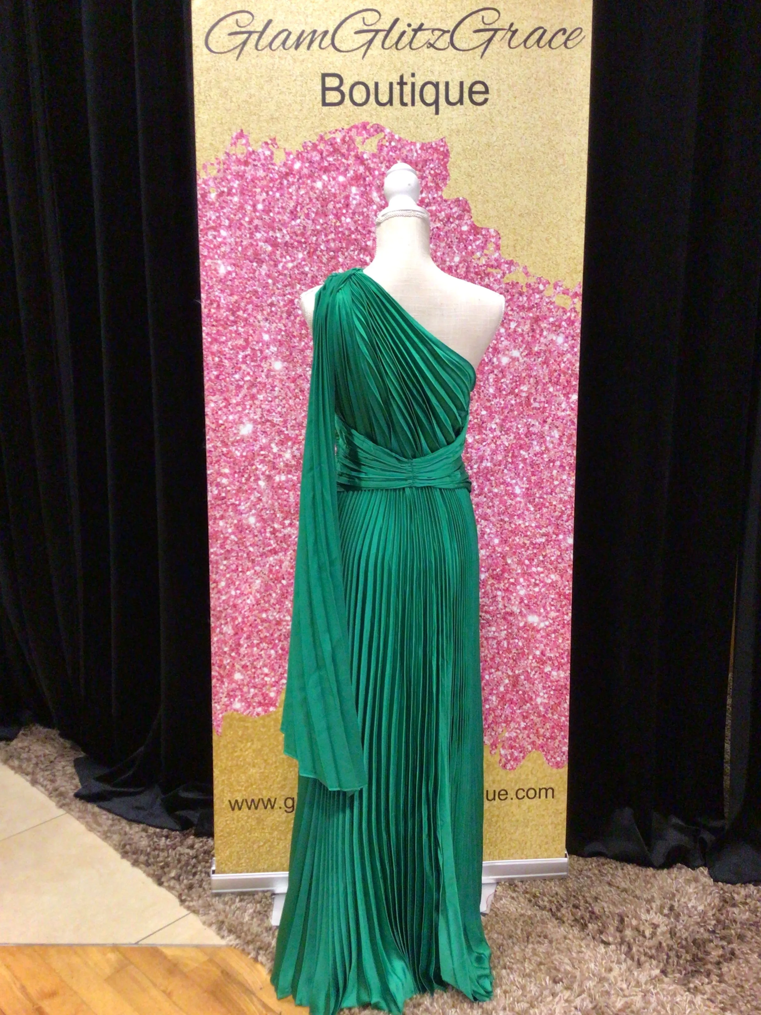 One Shoulder Pleated Dramatic Sleeve Twist Front Dress