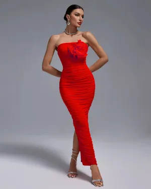 Open Back Ruched Flower Bodycon Dress