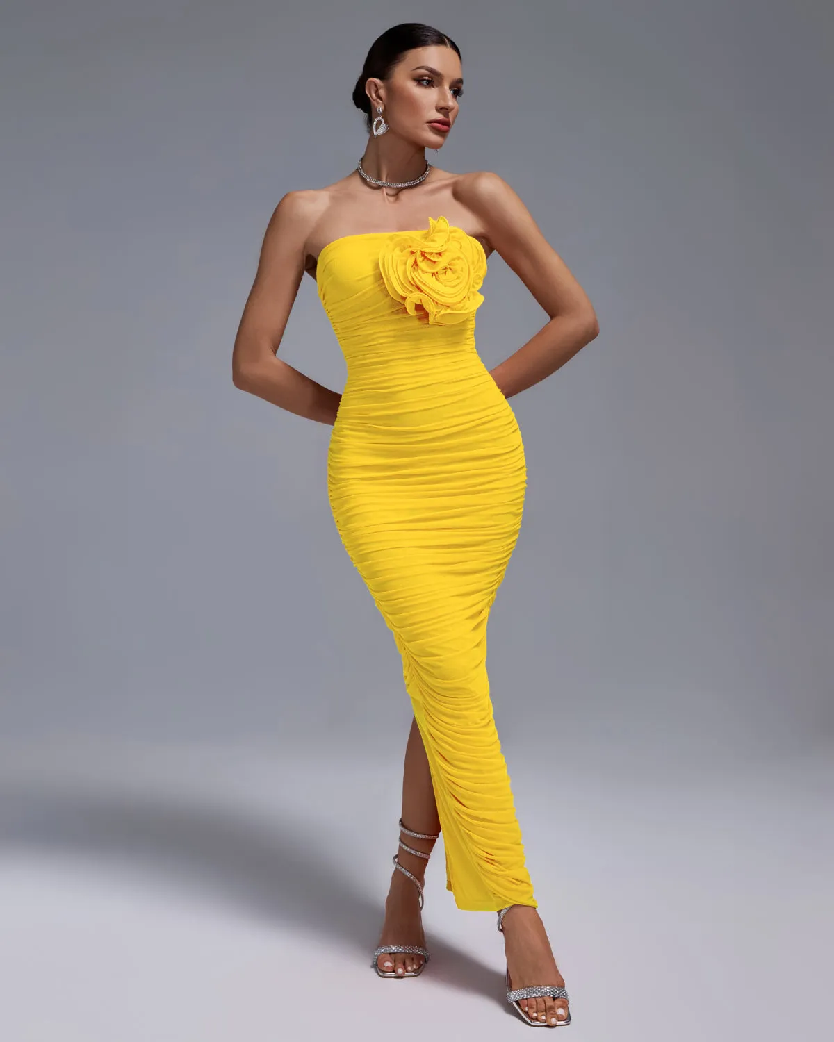 Open Back Ruched Flower Bodycon Dress
