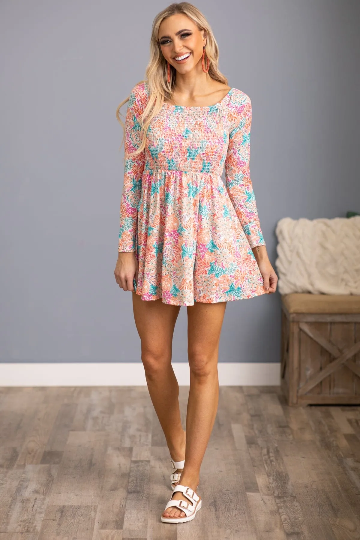 Orange Multicolor Floral Smocked Bodice Dress