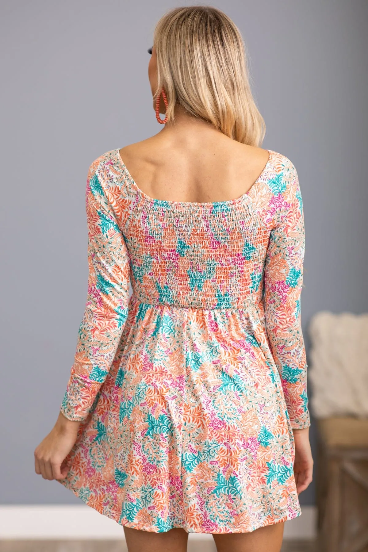 Orange Multicolor Floral Smocked Bodice Dress