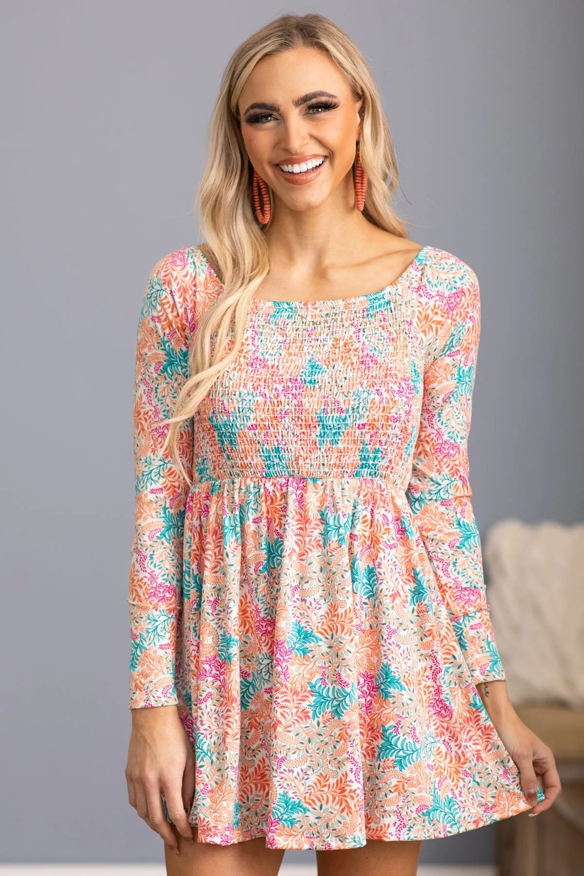 Orange Multicolor Floral Smocked Bodice Dress