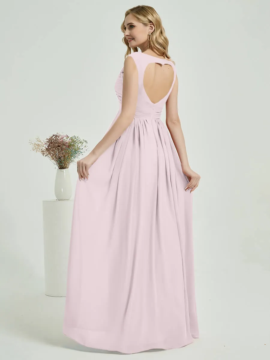 Pale Rose Sweetheart Backless V-Neck Chiffon Maxi Bridesmaid Dress