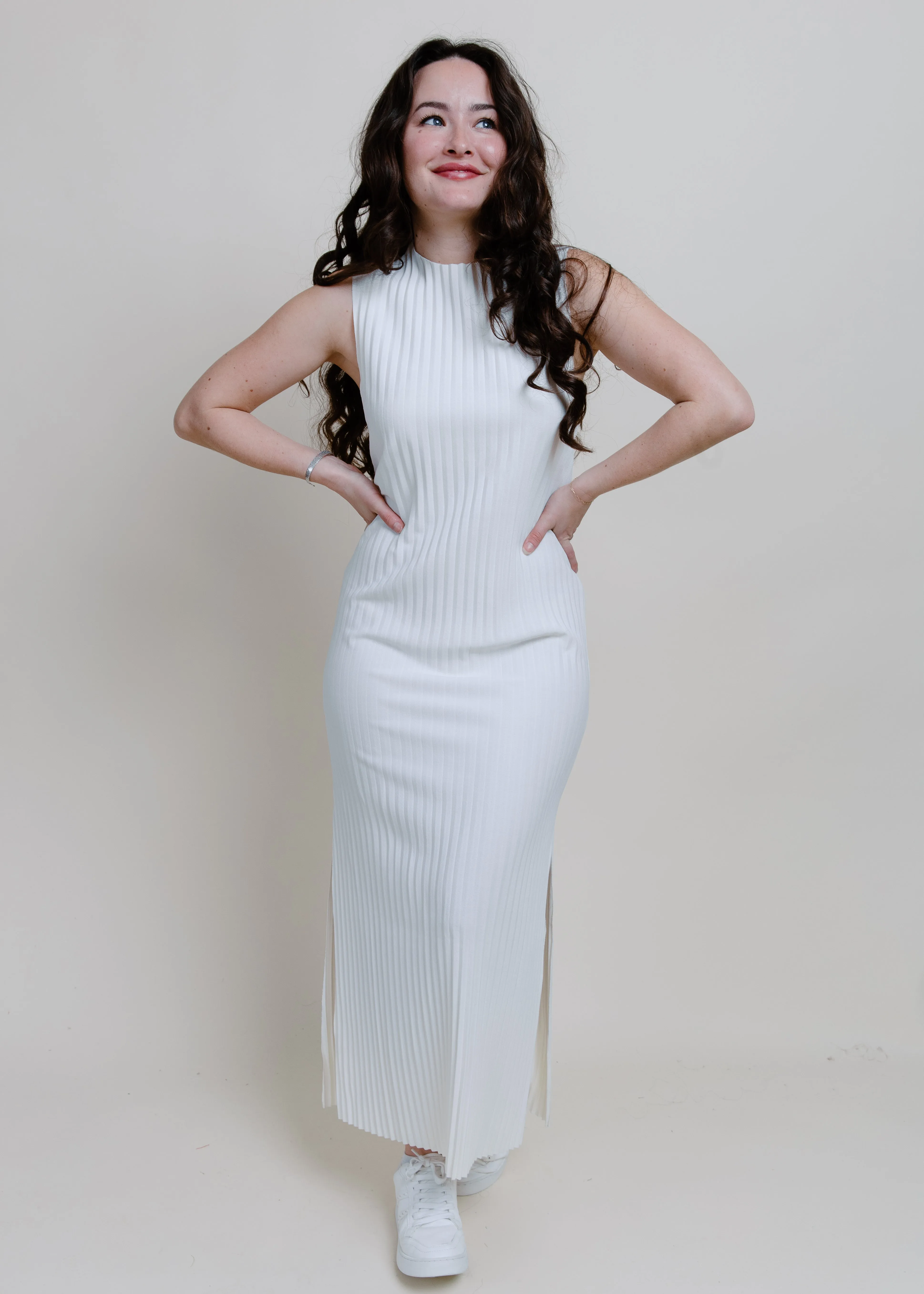 Paris Pleated Midi Dress - White