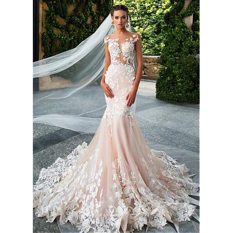Pink Boho Wedding Dress Mermaid Lace Appliques Sex Backless Bride Dress Muslim Wedding Gowns Plus Size