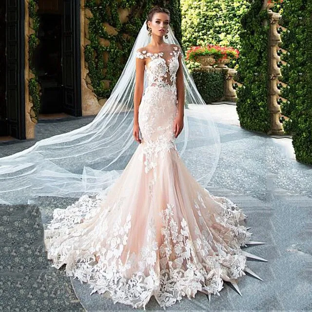 Pink Boho Wedding Dress Mermaid Lace Appliques Sex Backless Bride Dress Muslim Wedding Gowns Plus Size