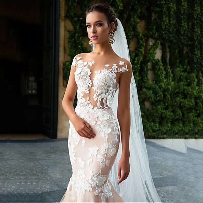 Pink Boho Wedding Dress Mermaid Lace Appliques Sex Backless Bride Dress Muslim Wedding Gowns Plus Size