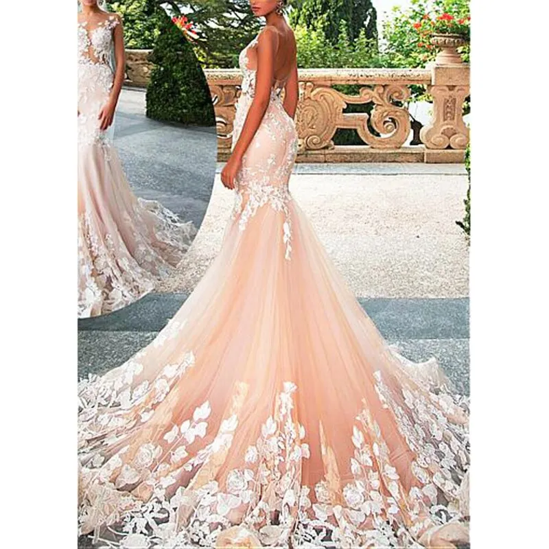 Pink Boho Wedding Dress Mermaid Lace Appliques Sex Backless Bride Dress Muslim Wedding Gowns Plus Size