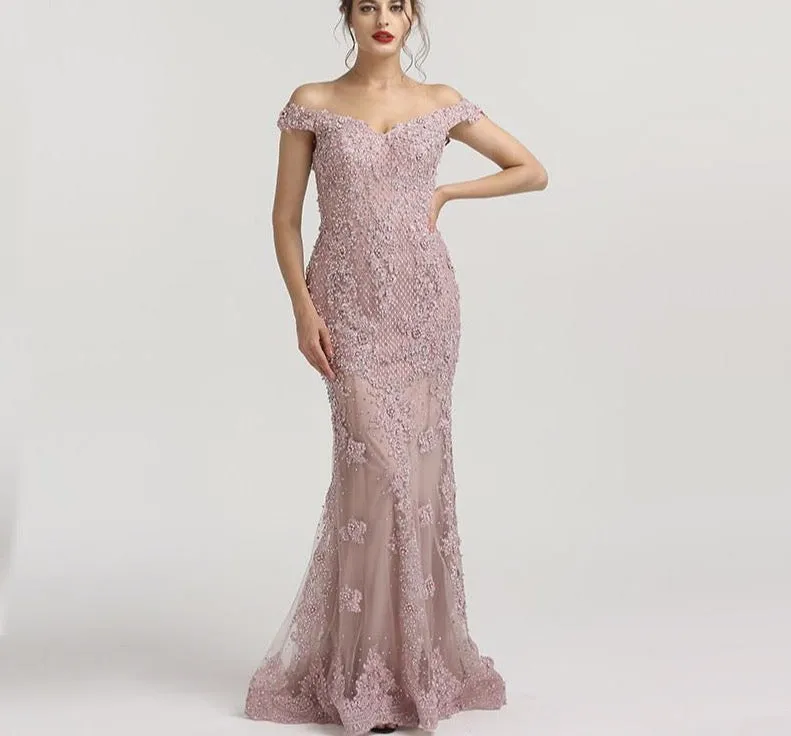 Pink Mermaid Boat Neck Sexy Evening Dresses Lace Pears Diamond Elegant Fashion Formal Evening Dress