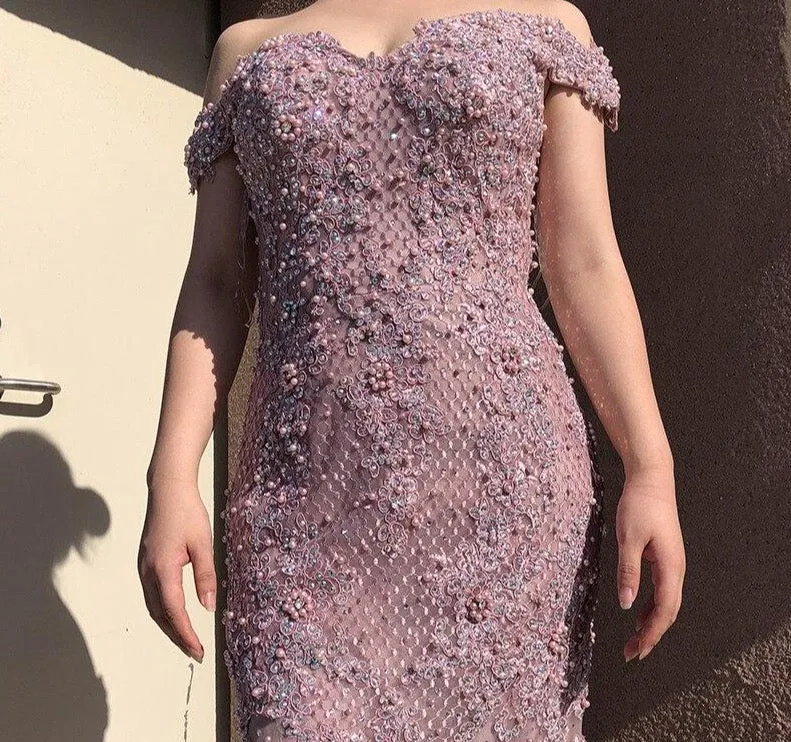 Pink Mermaid Boat Neck Sexy Evening Dresses Lace Pears Diamond Elegant Fashion Formal Evening Dress