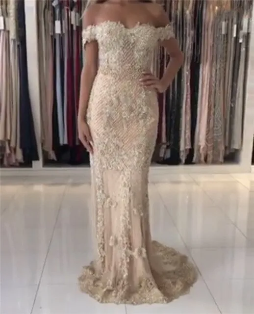 Pink Mermaid Boat Neck Sexy Evening Dresses Lace Pears Diamond Elegant Fashion Formal Evening Dress