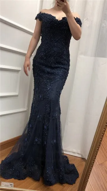 Pink Mermaid Boat Neck Sexy Evening Dresses Lace Pears Diamond Elegant Fashion Formal Evening Dress