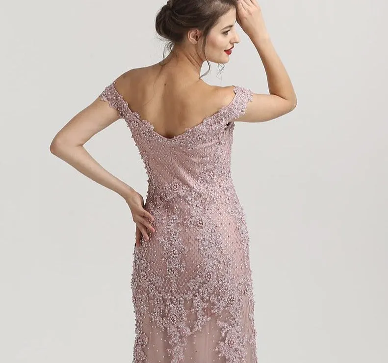 Pink Mermaid Boat Neck Sexy Evening Dresses Lace Pears Diamond Elegant Fashion Formal Evening Dress