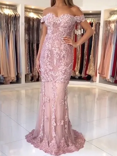Pink Mermaid Boat Neck Sexy Evening Dresses Lace Pears Diamond Elegant Fashion Formal Evening Dress