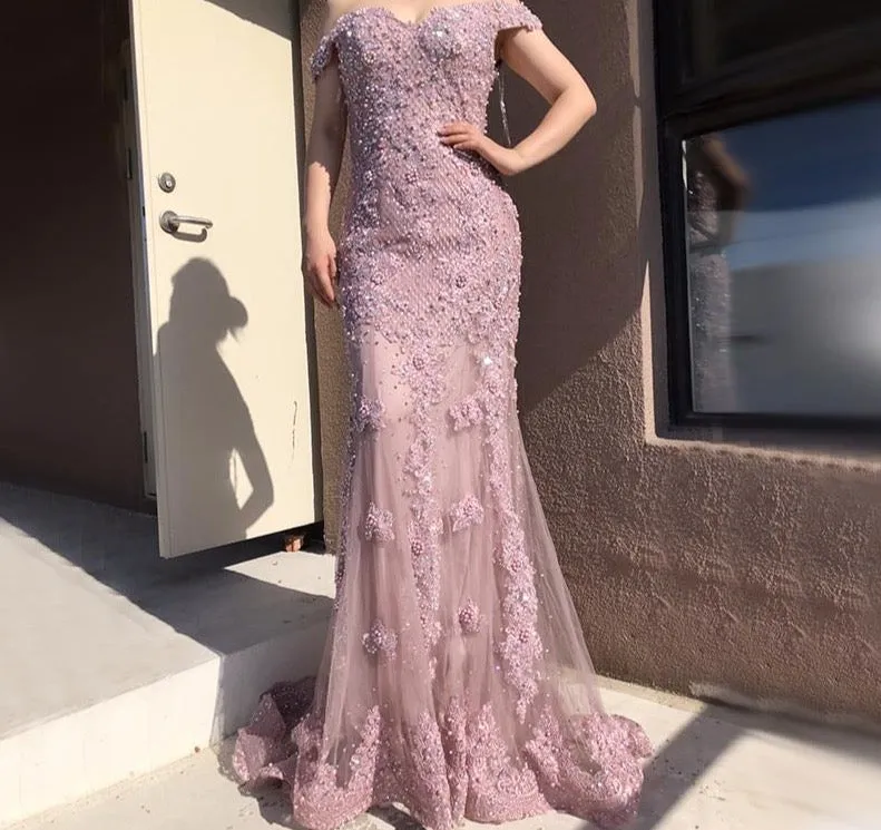 Pink Mermaid Boat Neck Sexy Evening Dresses Lace Pears Diamond Elegant Fashion Formal Evening Dress