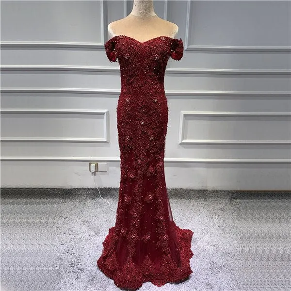Pink Mermaid Boat Neck Sexy Evening Dresses Lace Pears Diamond Elegant Fashion Formal Evening Dress