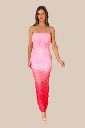 Pink Ombre Strapless Ruched Mesh Maxi Dress