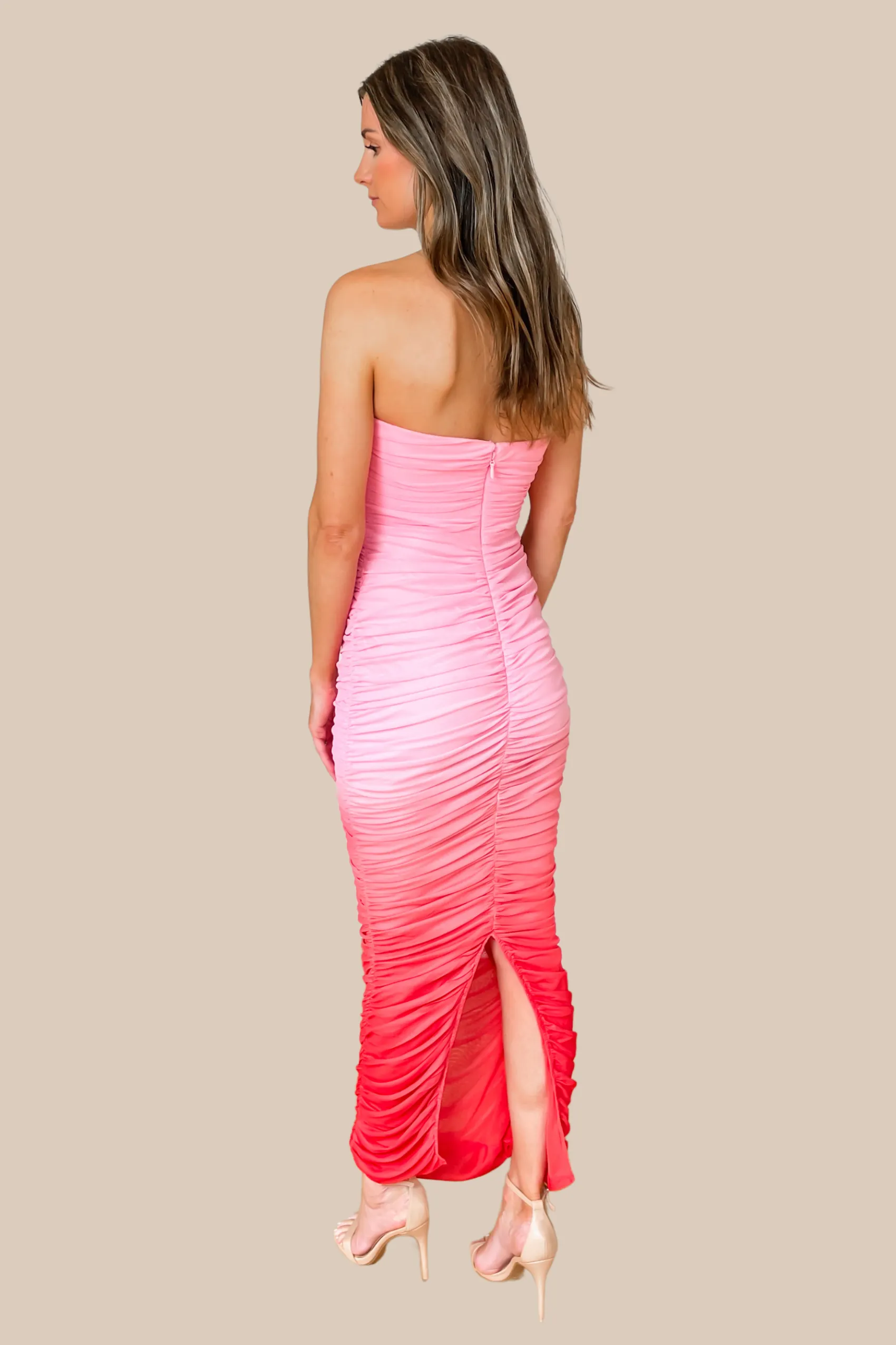 Pink Ombre Strapless Ruched Mesh Maxi Dress
