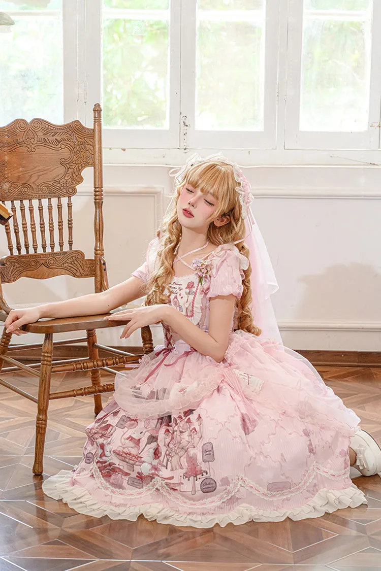 Pink Rabbit Print Square Collar Short Sleeves Ruffle Bowknot Lace Sweet Lolita Dress