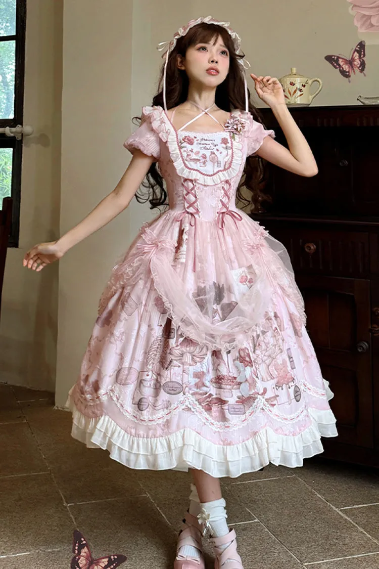 Pink Rabbit Print Square Collar Short Sleeves Ruffle Bowknot Lace Sweet Lolita Dress
