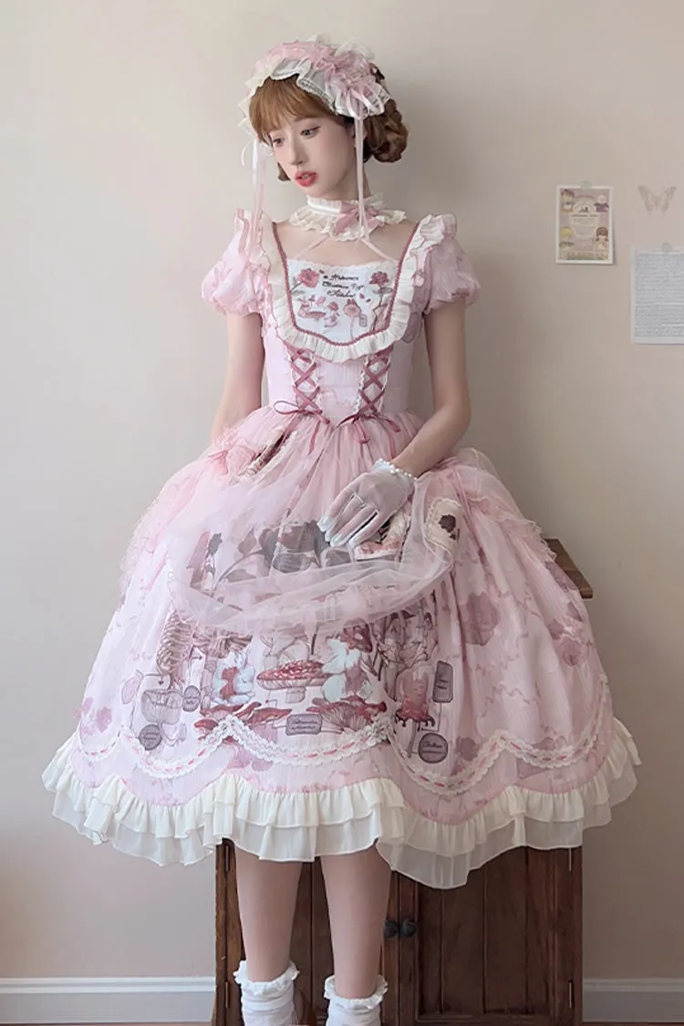 Pink Rabbit Print Square Collar Short Sleeves Ruffle Bowknot Lace Sweet Lolita Dress